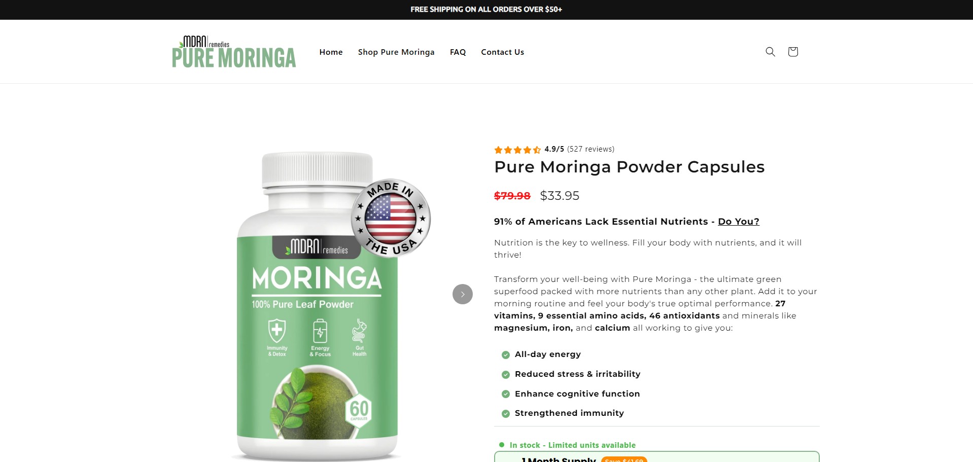 Grynas moringa Produktas
